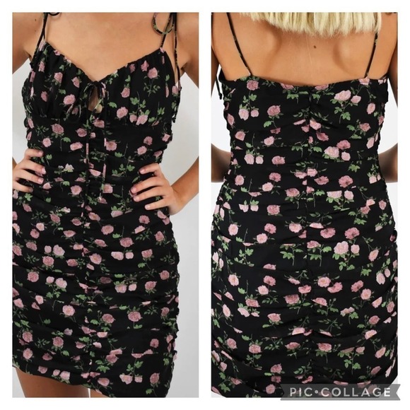 Cotton Candy LA NWT Midnight Roses Ruched Spaghetti Strap Mini Dress Black Sz M - Picture 2 of 10